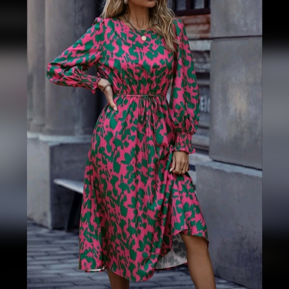 Boho Print Flounce Sleeve Smocked  Ling Sleeve Cuff Belted Dress - Picture 5 of 6